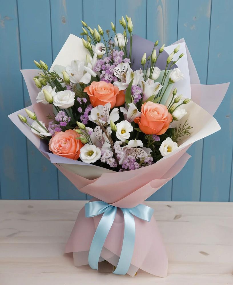 Букет цветов из: Лизиантусы, Розы, Альстромерии и Гипсофила в Вяземском