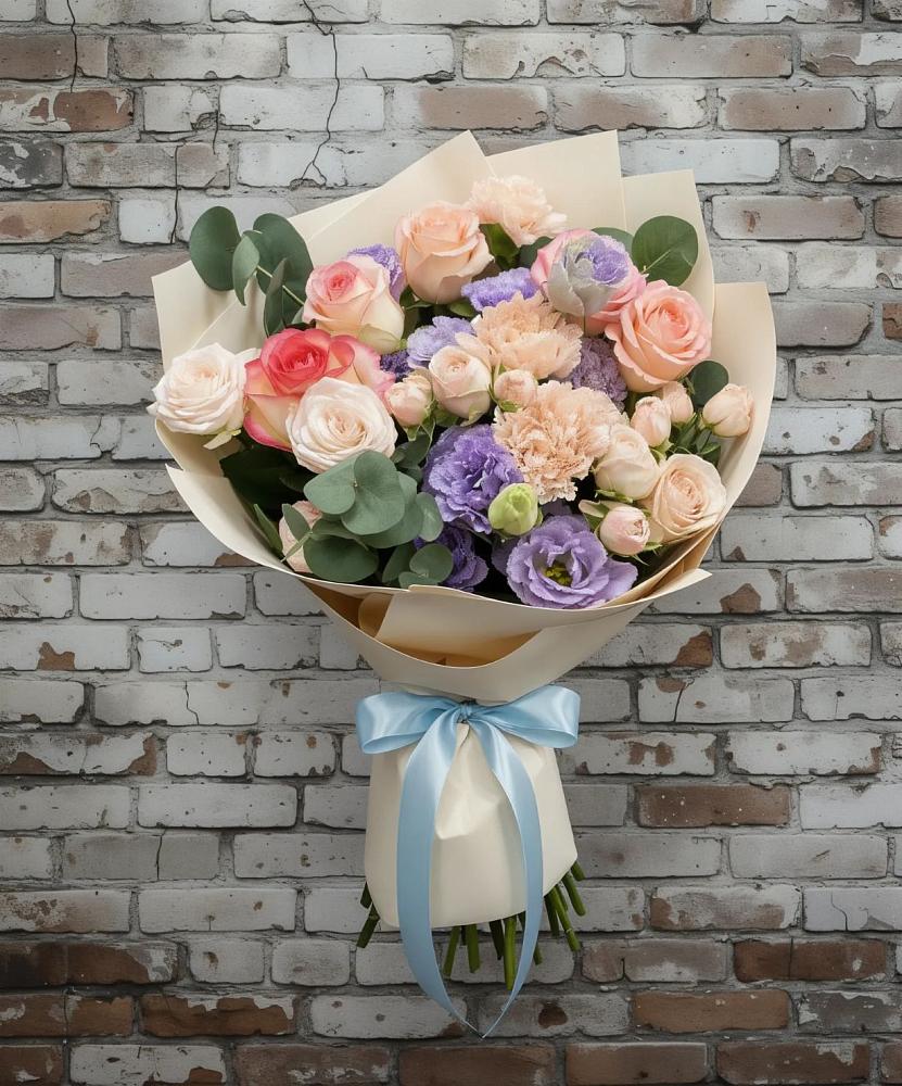 Букет цветов из: Розы, Лизиантусы и Гвоздики в Вяземском