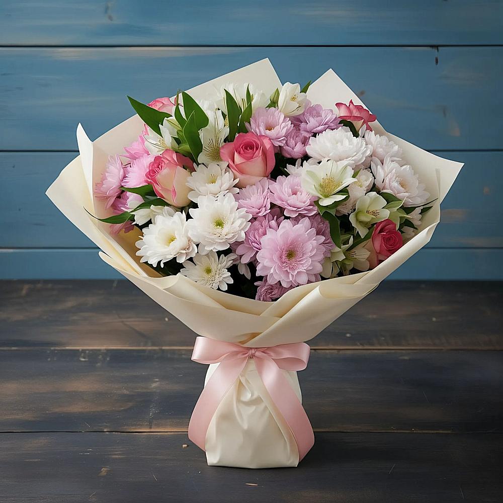 Букет цветов из: Хризантемы, Альстромерии и Розы в Вяземском